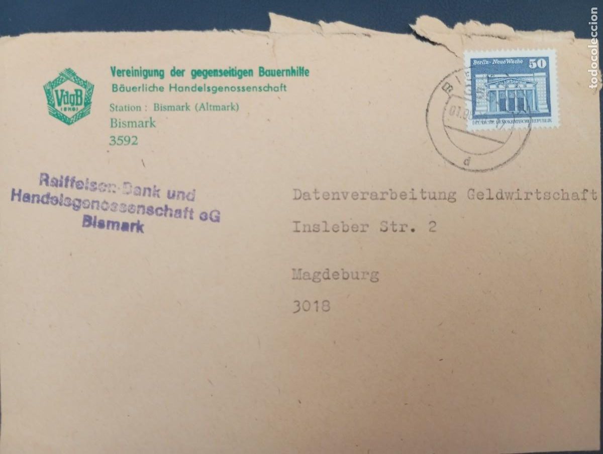 Sellos: ALEMANIA, RDA, SOBRE DE LA ASOCIACI&Oacute;N DE AYUDA MUTUA DE AGRICULTURA DE BISMARCK A LA DE MAGDEBURG
