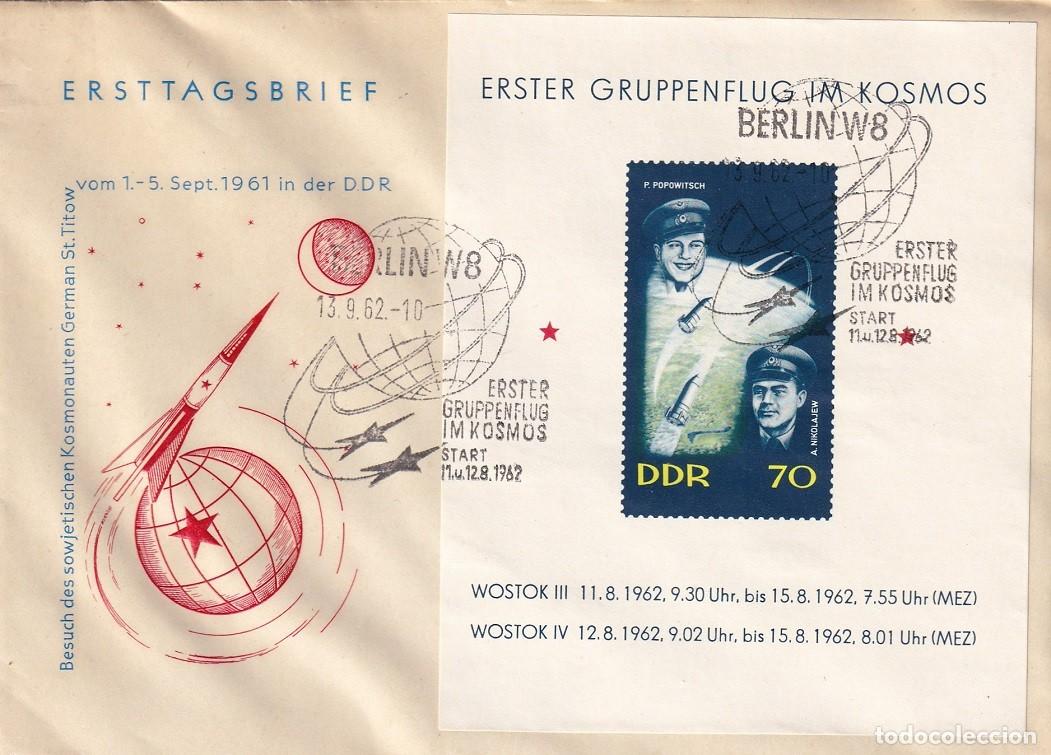 Sellos: FDC DDR 1962 Primer Vuelo Grupo Cosmos Wostok 3 y 4 Nikolayev Popovich Bloque 17 Berlin W8 13.9.62