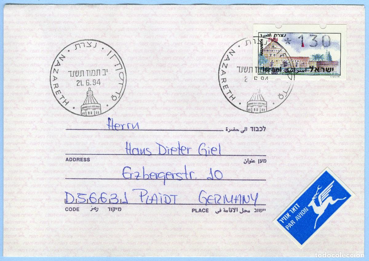 Sellos: ATM ISRAEL 1994 &middot; FDC ATM KL&Uuml;SSENDORF NAZARETH 1,30 NIS &middot; CIRCULADO A ALEMANIA SIN N&ordm; MAQUINA #G0031