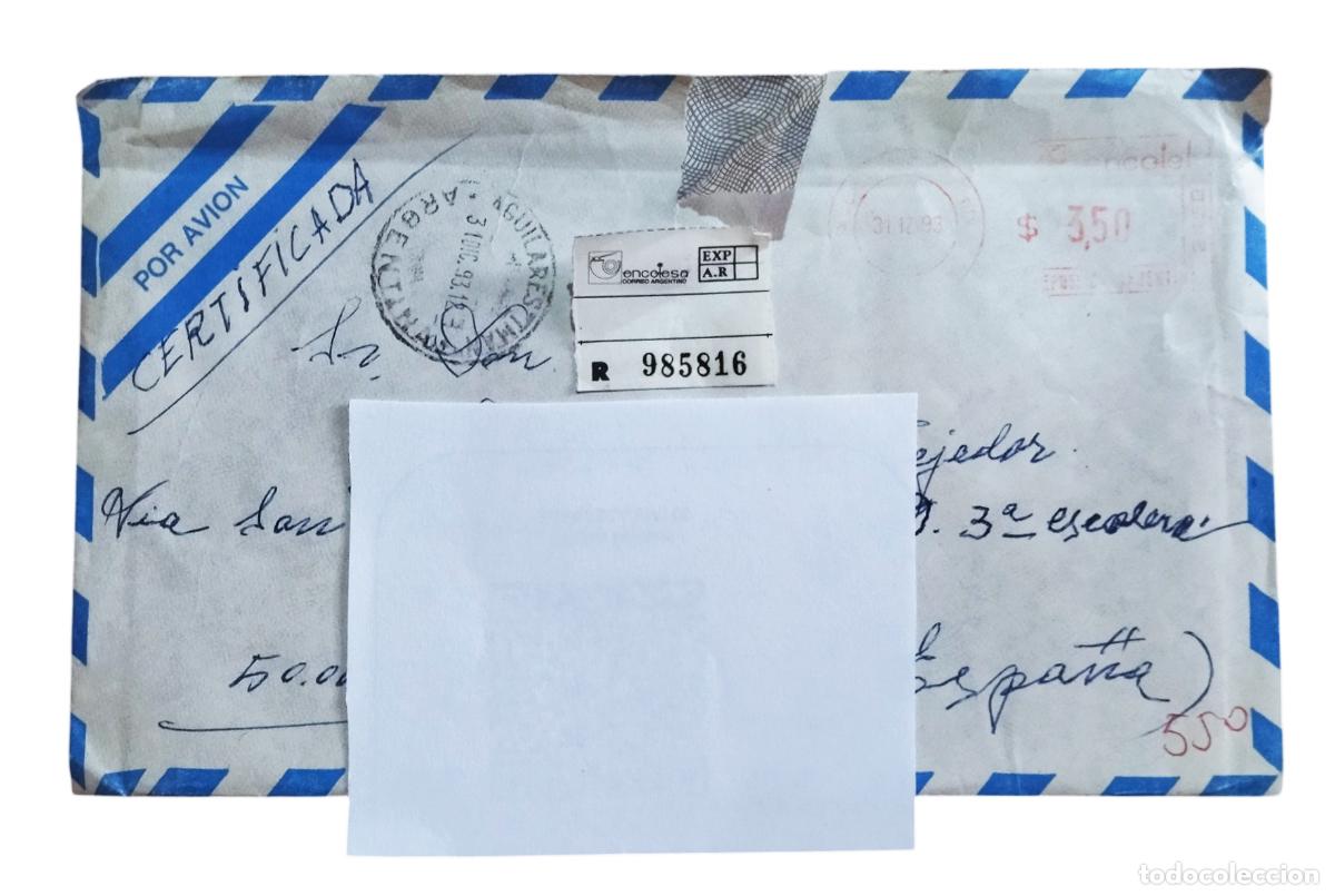 Sellos: Argentina 1993 - Sobre Certificado V&iacute;a A&eacute;rea de Aguilares (Tucum&aacute;n) a Espa&ntilde;a - ENCOTEL