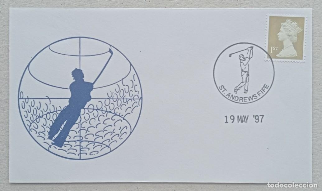 Sellos: 1997. GRAN BRETA&Ntilde;A. Sobre. Golf. Campo de St. Andrews. Fife. Matasellado con jugador. Sin circular.