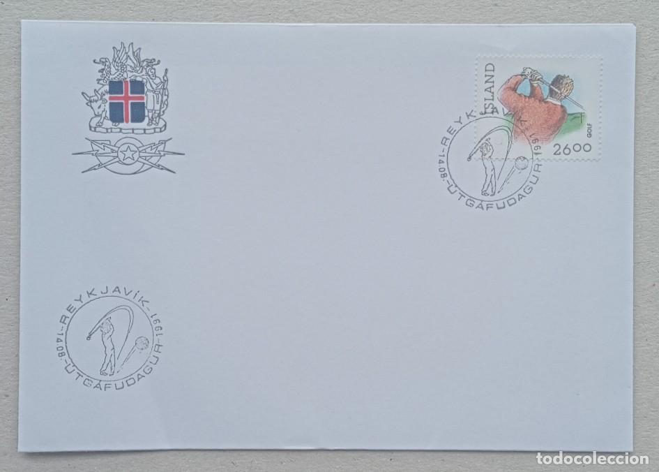 Sellos: 1991. ISLANDIA. Sobre. Golf. Gran Premio Reykiavik. Matasellado jugador. Sello alusivo. Sin circular