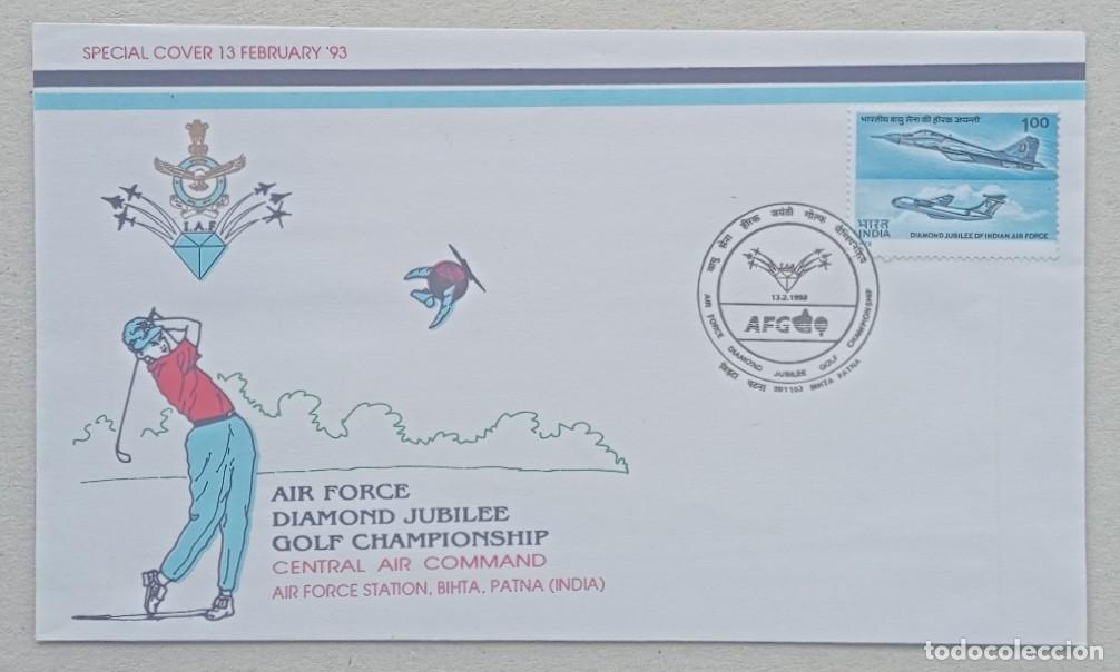 Sellos: 1993. INDIA. Sobre. Golf. Air Force Diamond Jubilee Golf Championship. Sello alusivo. Raro ejemplar.