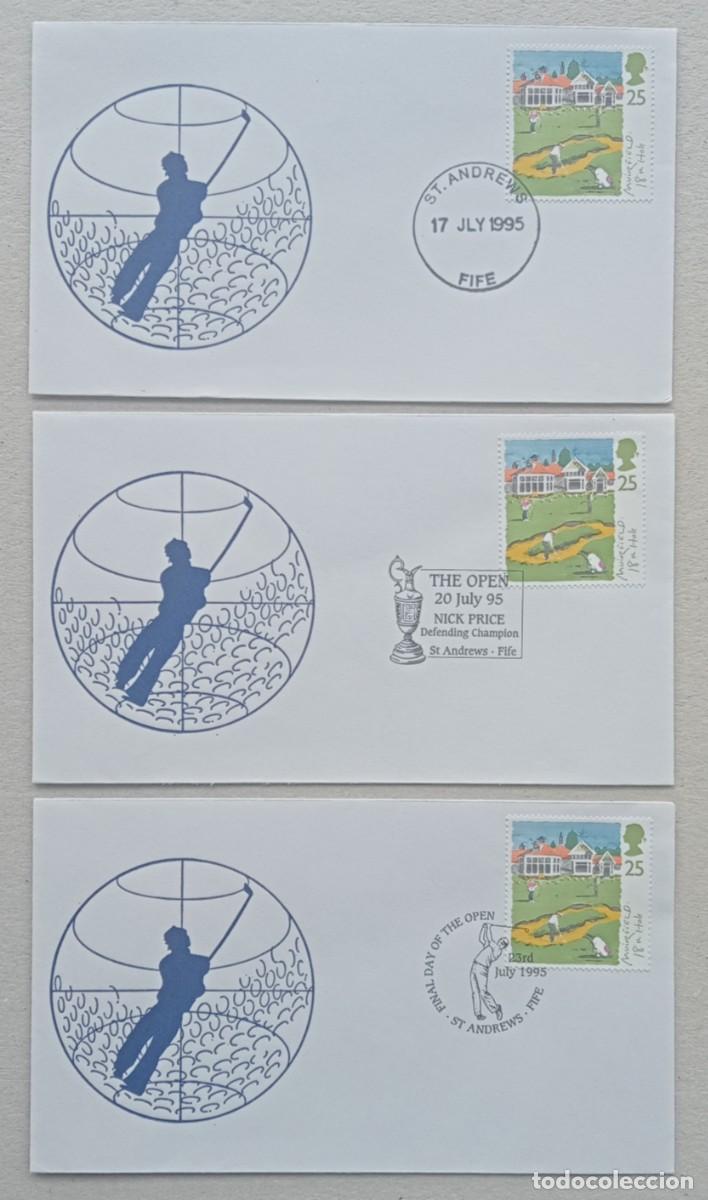 Sellos: 1995. GRAN BRATA&Ntilde;A. 3 Sobres (juego completo). Golf. British Open jugado en Fife. Sin circular.
