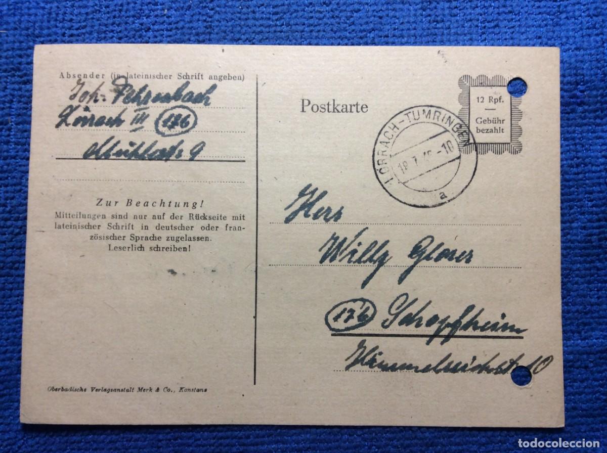 Sellos: ALEMANIA. OCUPACI&Oacute;N FRANCESA. 1946 ENTERO POSTAL CIRCULADO (GEB&Uuml;HR BEZAHLT) (1DDK53)