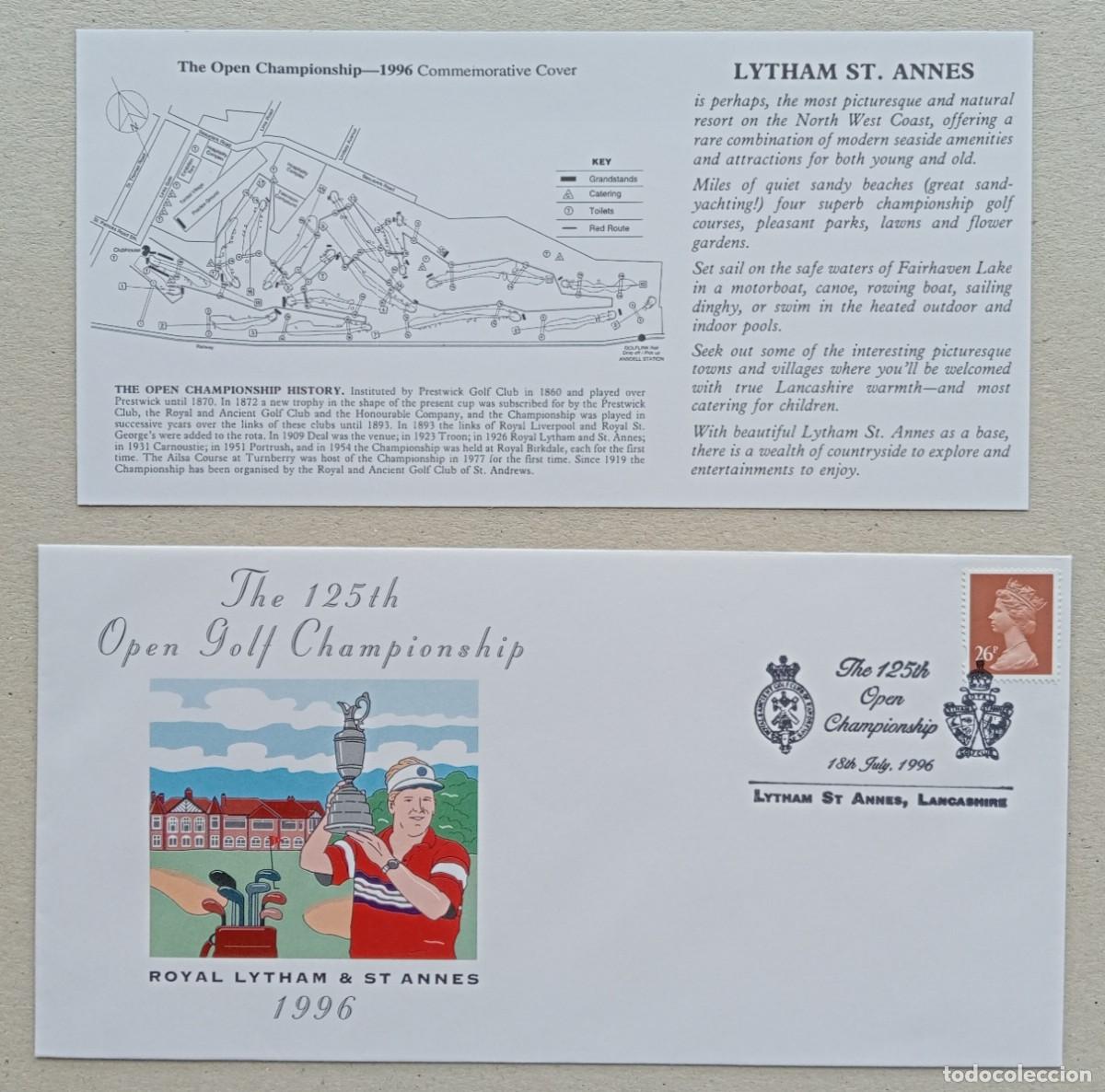 Sellos: 1996. GRAN BRETA&Ntilde;A. Sobre + tarjeta documentaci&oacute;n. Golf. 125 ed Open Brit&aacute;nico. Sin circular.