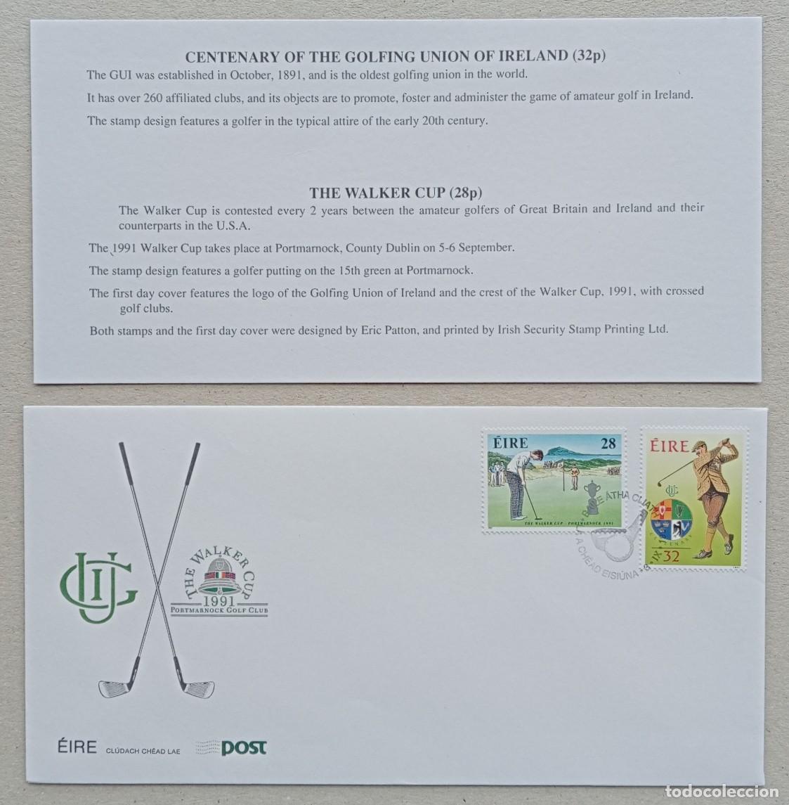 Sellos: 1991. IRLANDA. Sobre especial + tarjeta explicativa. Golf. Conmemoraci&oacute;n centenaria. Sin circular.