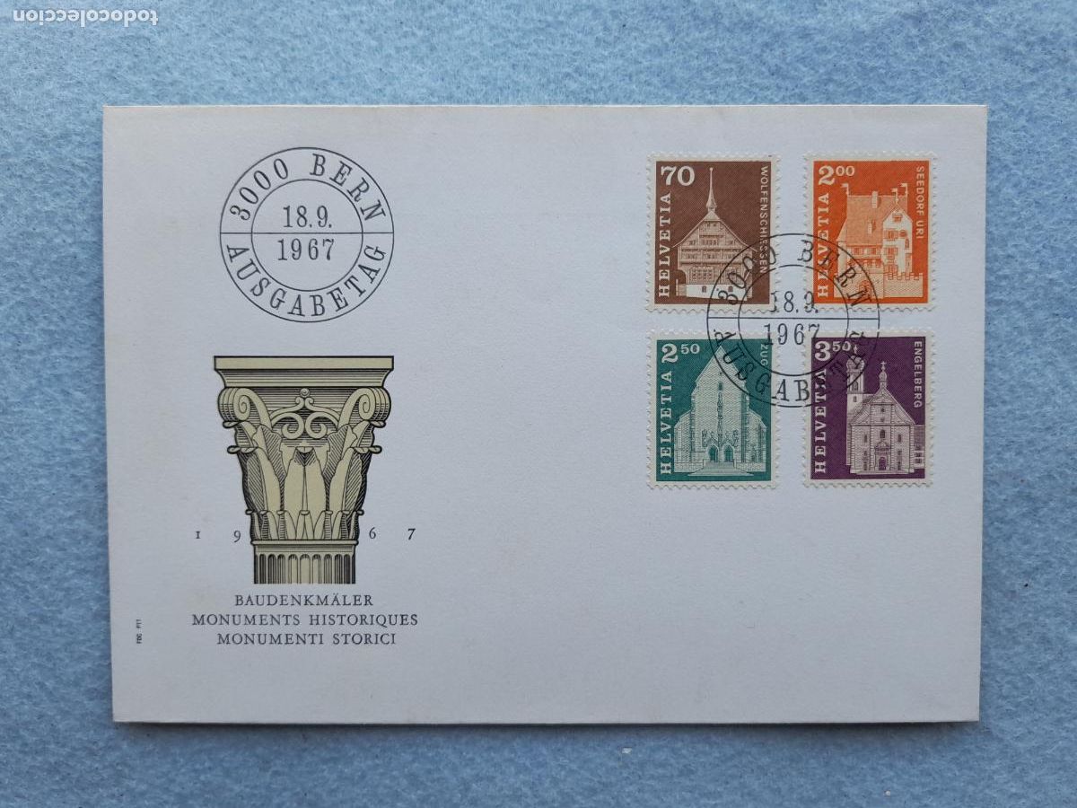 Sellos: Sobre Primer dia de Suiza. A&ntilde;o 1967. Monumentos Hist&oacute;ricos.