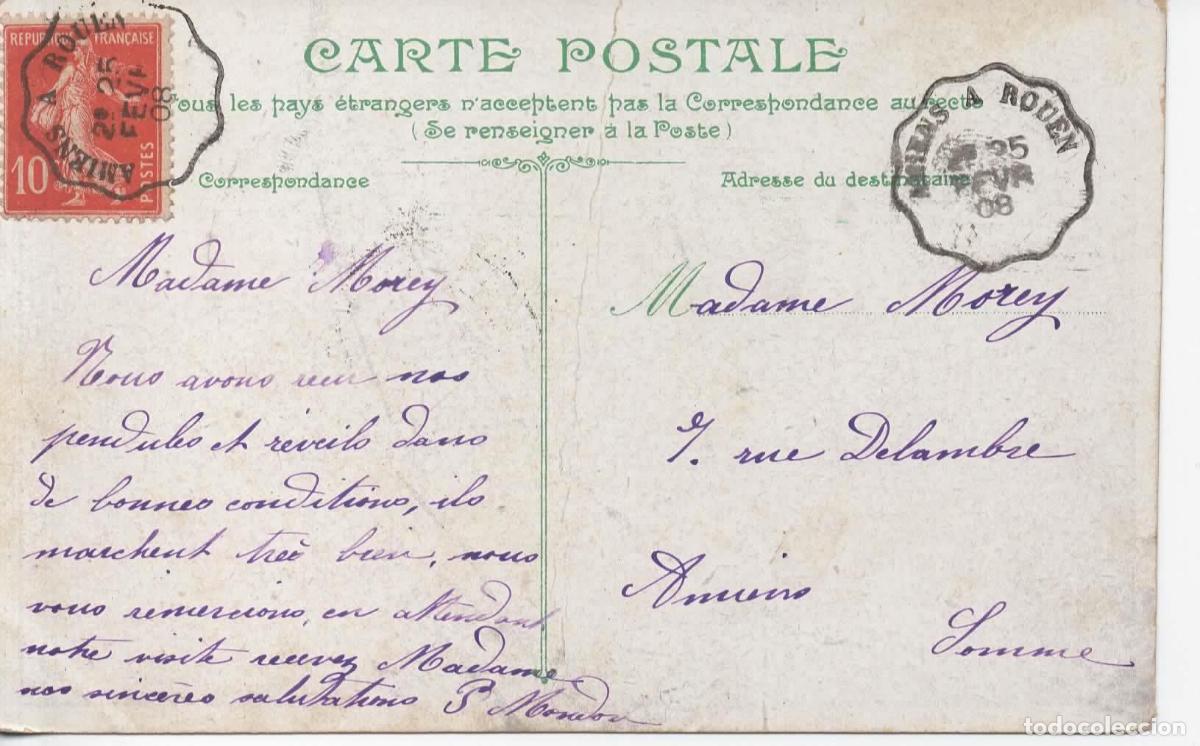 Sellos: FRANCIA TARJETA POSTAL MAT AMIENS A ROUEN 1908