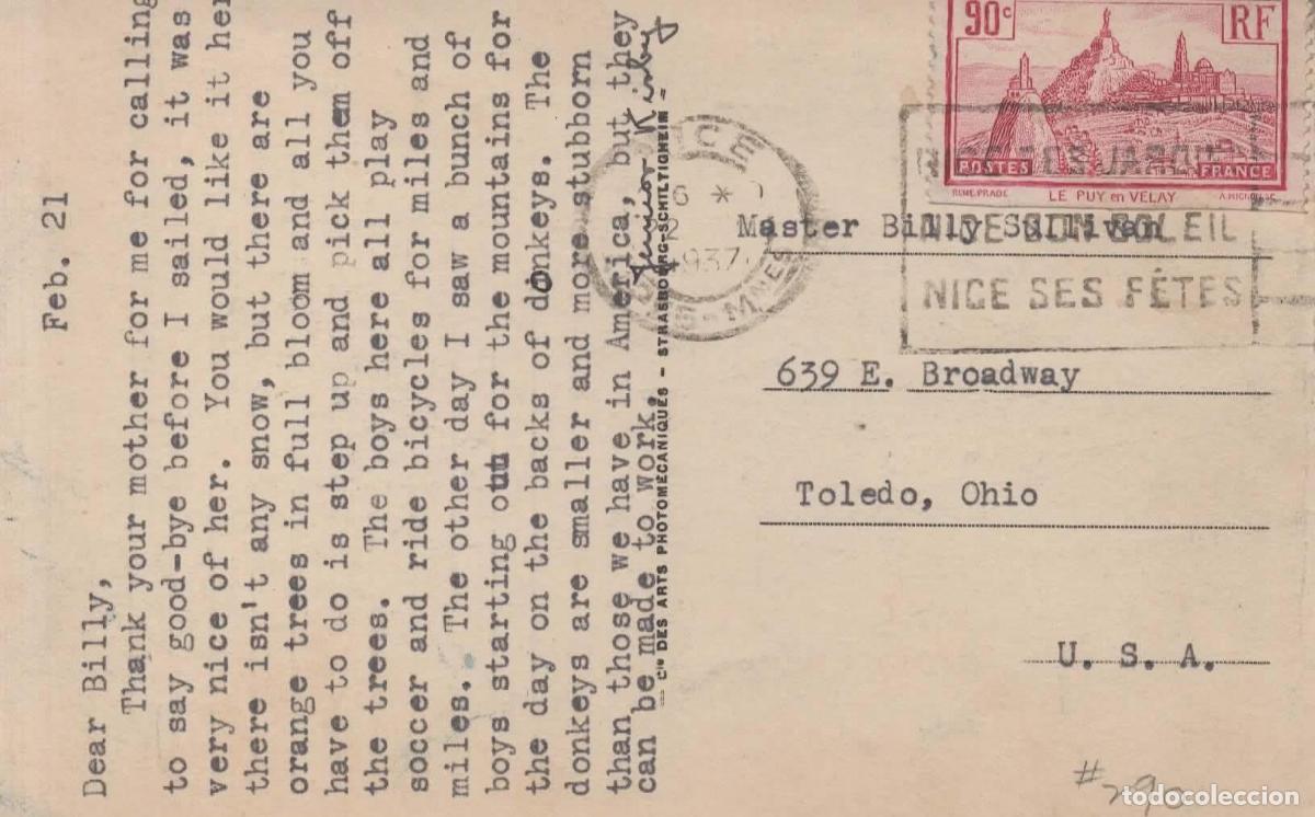 Sellos: FRANCIA TARJETA POSTAL NICE MAT TURISMO 1937