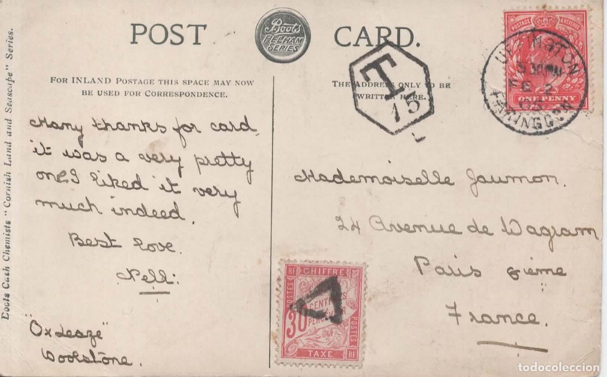 Sellos: FRANCIA REINO UNIDO TARJETA POSTAL COVERACK MAT UFFINGTON 1905 TASASA TAX