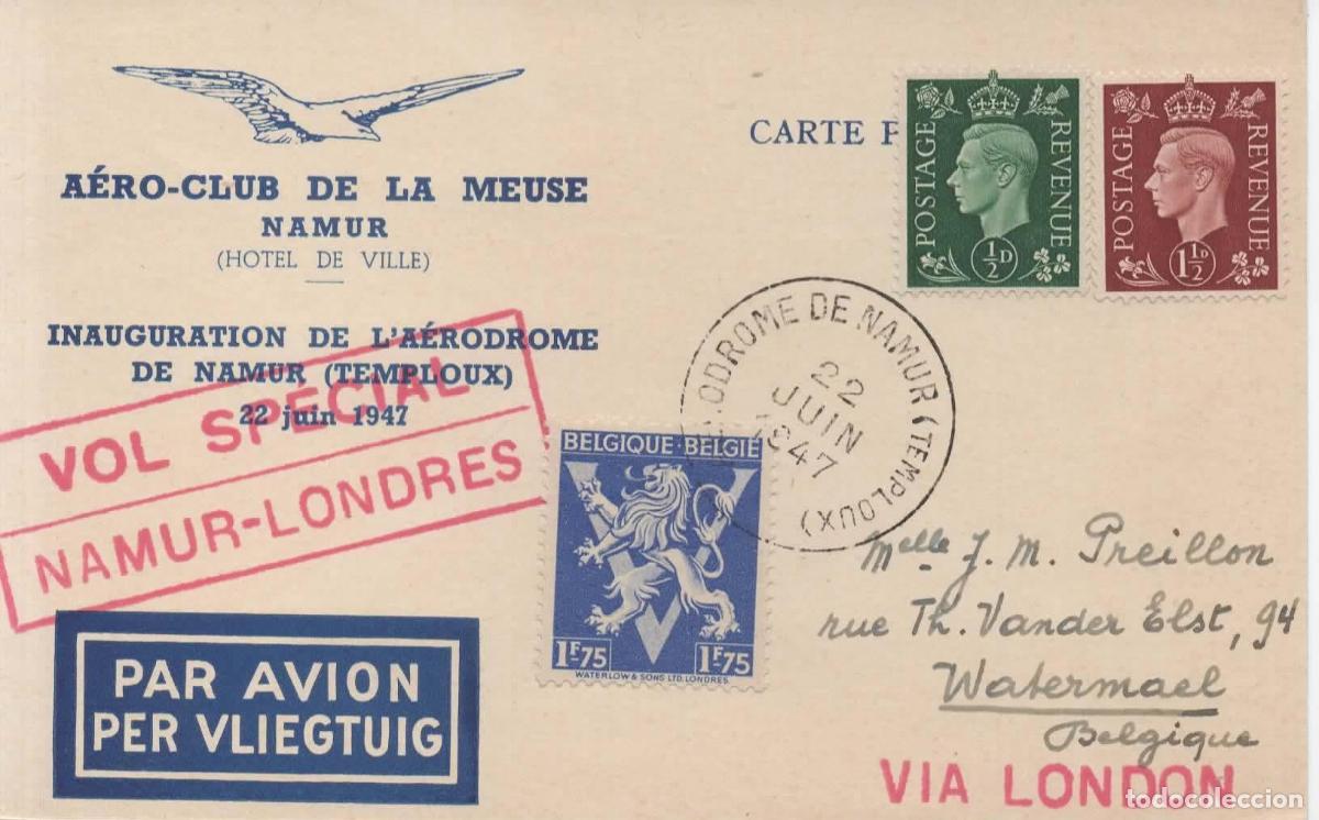 Sellos: REINO UNIDO BELGICA PRIMER VUELO NAMUR LONDRES 1947