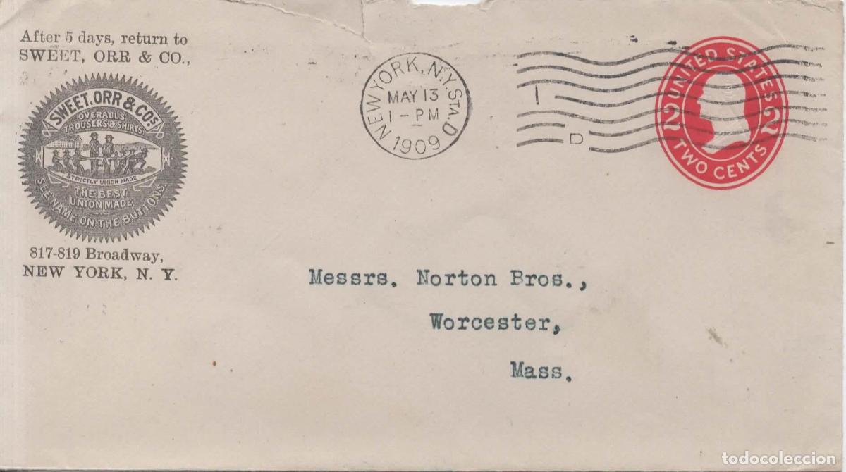 Sellos: ESTADOS UNIDOS USA ENTERO POSTAL 1909 SWETT ORR & CO CAMISAS PANTALONES TEXTIL ROPA