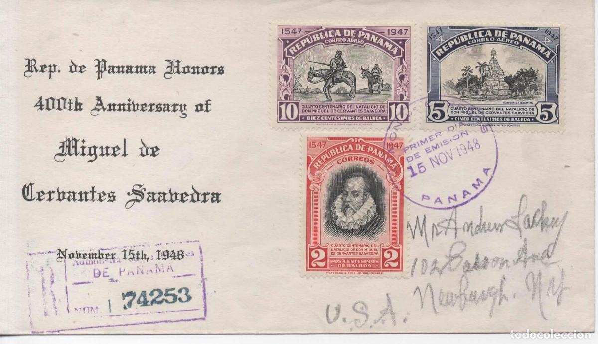 Sellos: PANAMA A USA CERTIFICADA 1948 SELLOS CERVANTES DON QUIJOTE PRIMER DIA CON LLEGADA