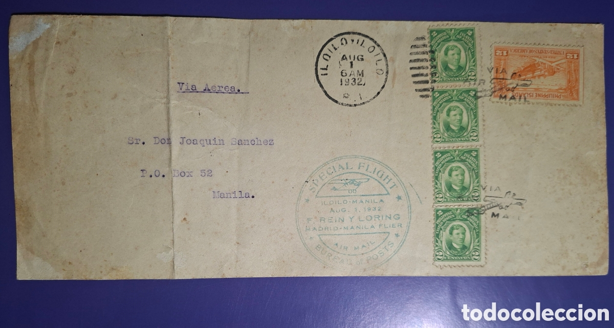 Sellos: 1932 - Sobre Correo A&eacute;reo Conmemorativo Iloilo-Manila. Vuelo Rein y Loring + Carta