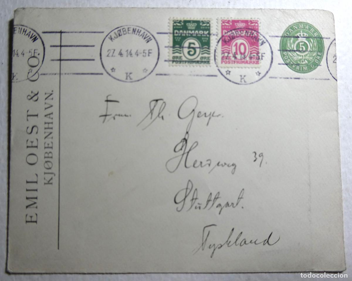 Sellos: Carta de Copenhague a Stuttgart 27 de abril de 1914 ,remite Emil Oest & Co