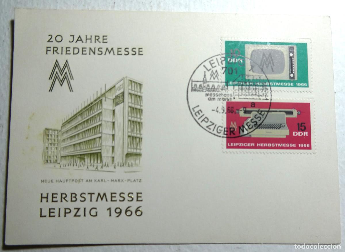 Sellos: Tarjeta postal Feria de Oto&ntilde;o de Leipzig de 1966, sellos DDR