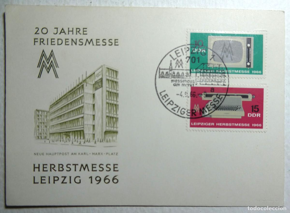 Sellos: Tarjeta postal Feria de Oto&ntilde;o de Leipzig de 1966, sellos DDR