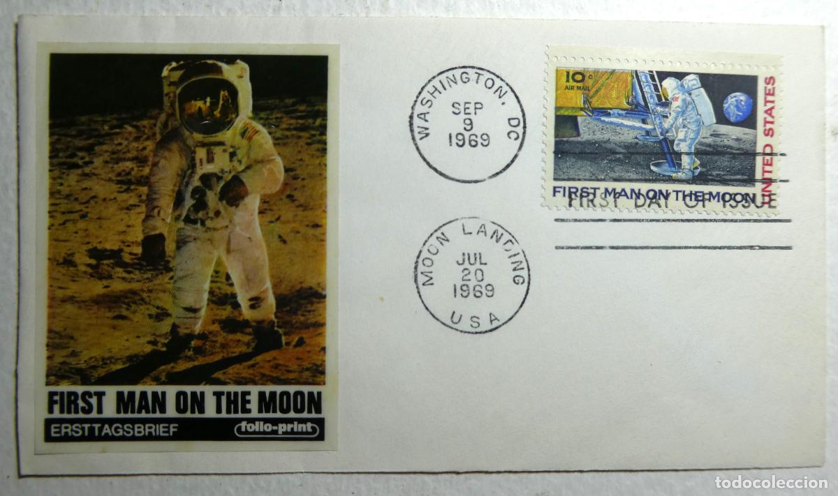 Sellos: Sobre conmemorativo llegada a la luna 20 de julio de 1969, first man on the moon