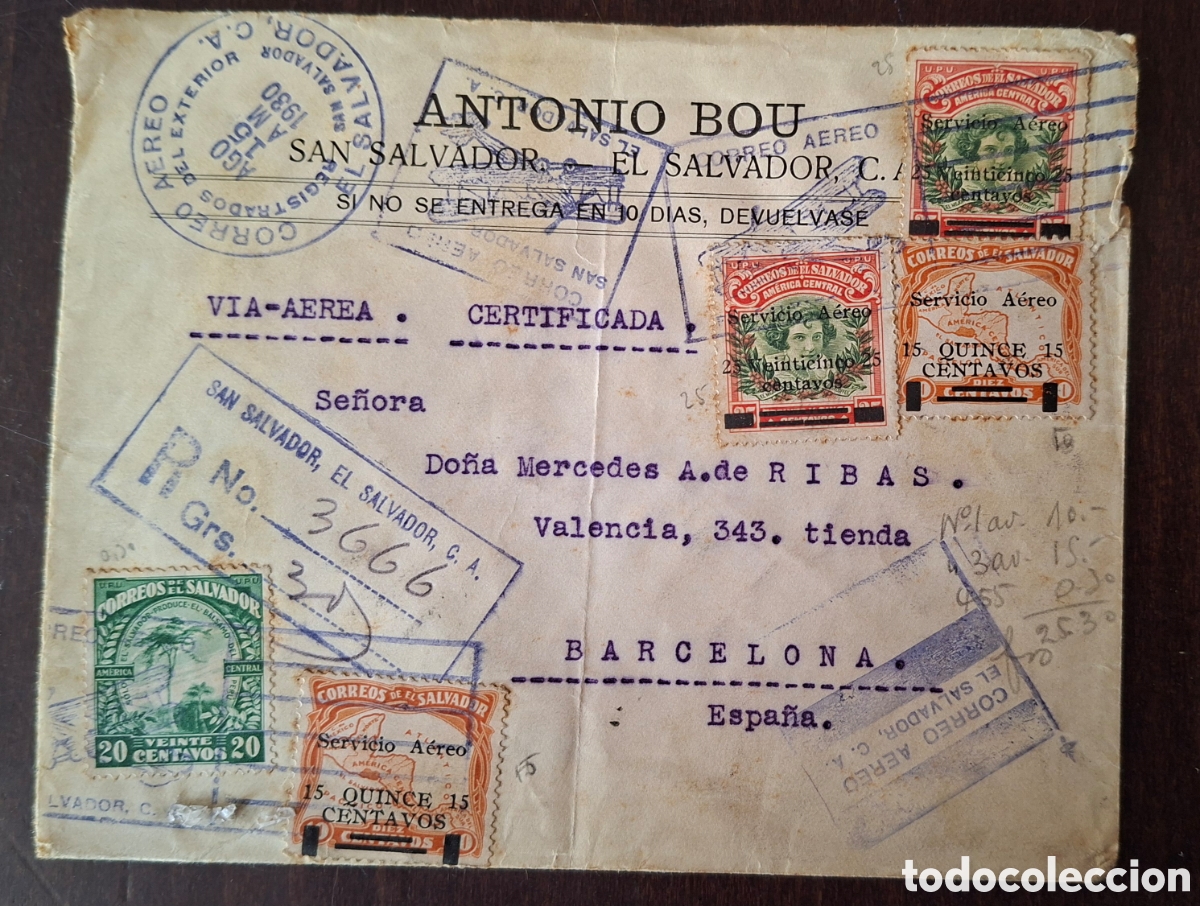 Stamps: Carta correo aereo del Salvador a Barcelona por new york 1930