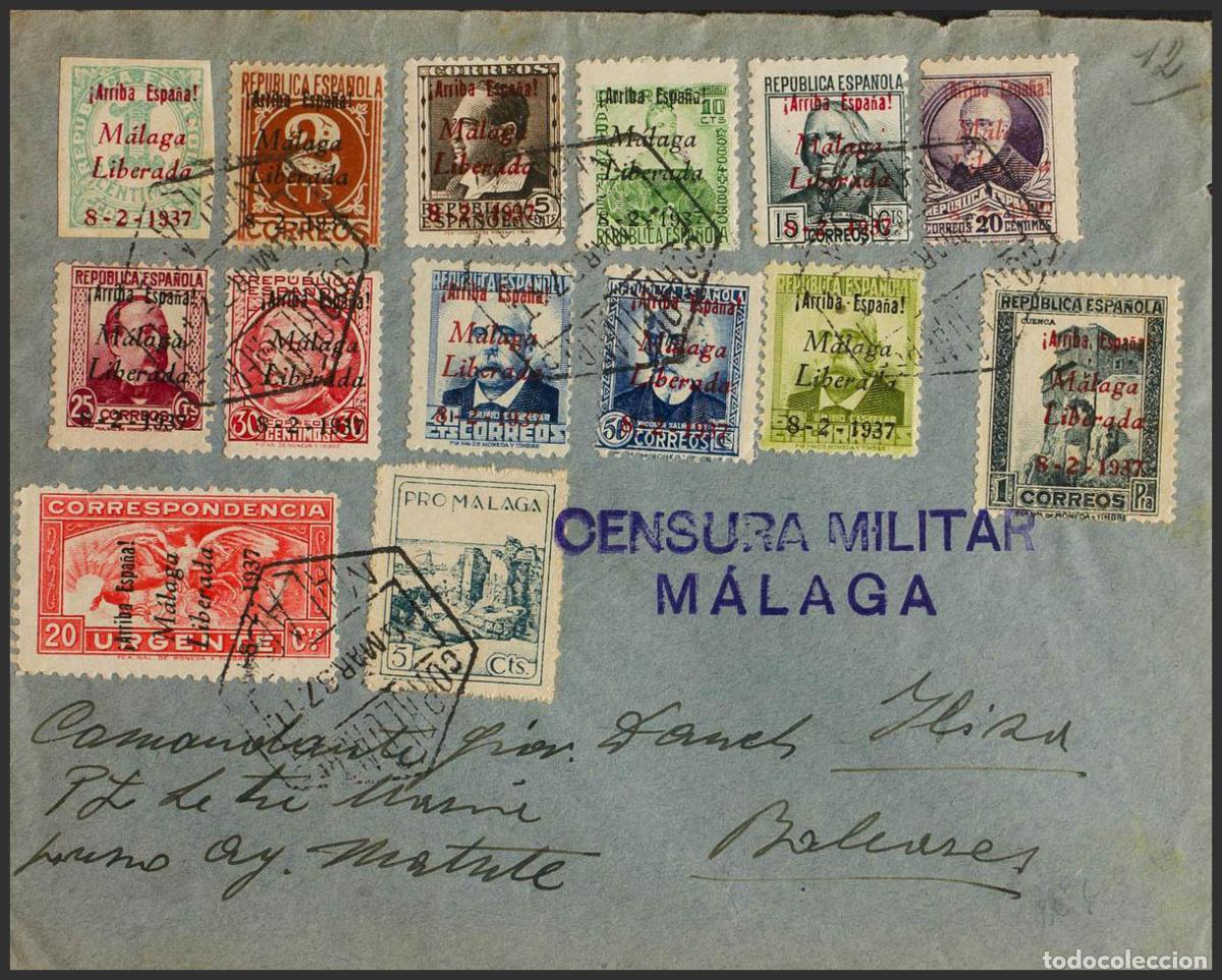 Sellos: Emisiones Locales Patri&oacute;ticas. M&aacute;laga. 12, 14/15, 17/18, 20/24. 1937. Diversos valores, alguno con
