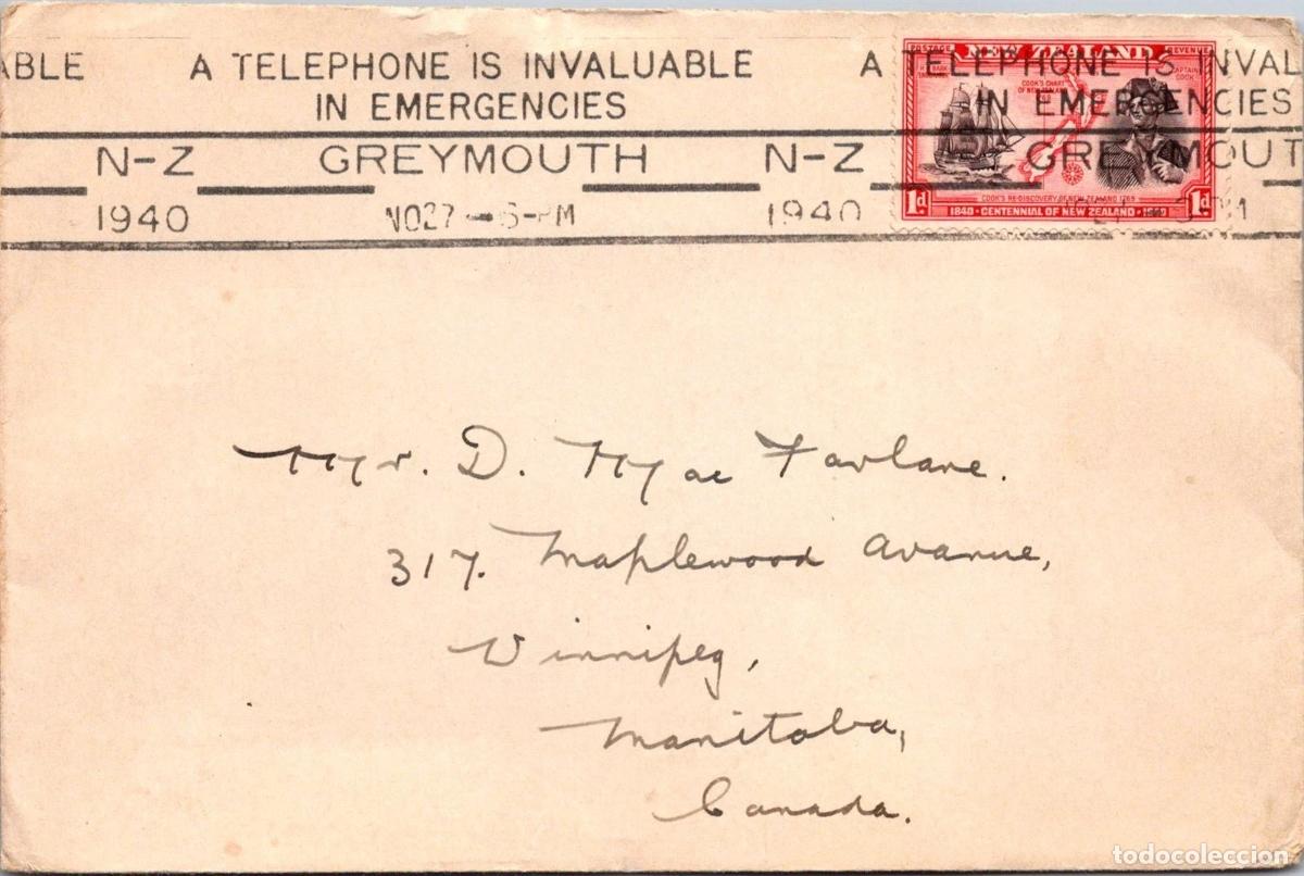 Sellos: NUEVA ZELANDA 1940 TELEPHONE IN EMERGENCIES TELEFONO TELECOM GREYMOUTH