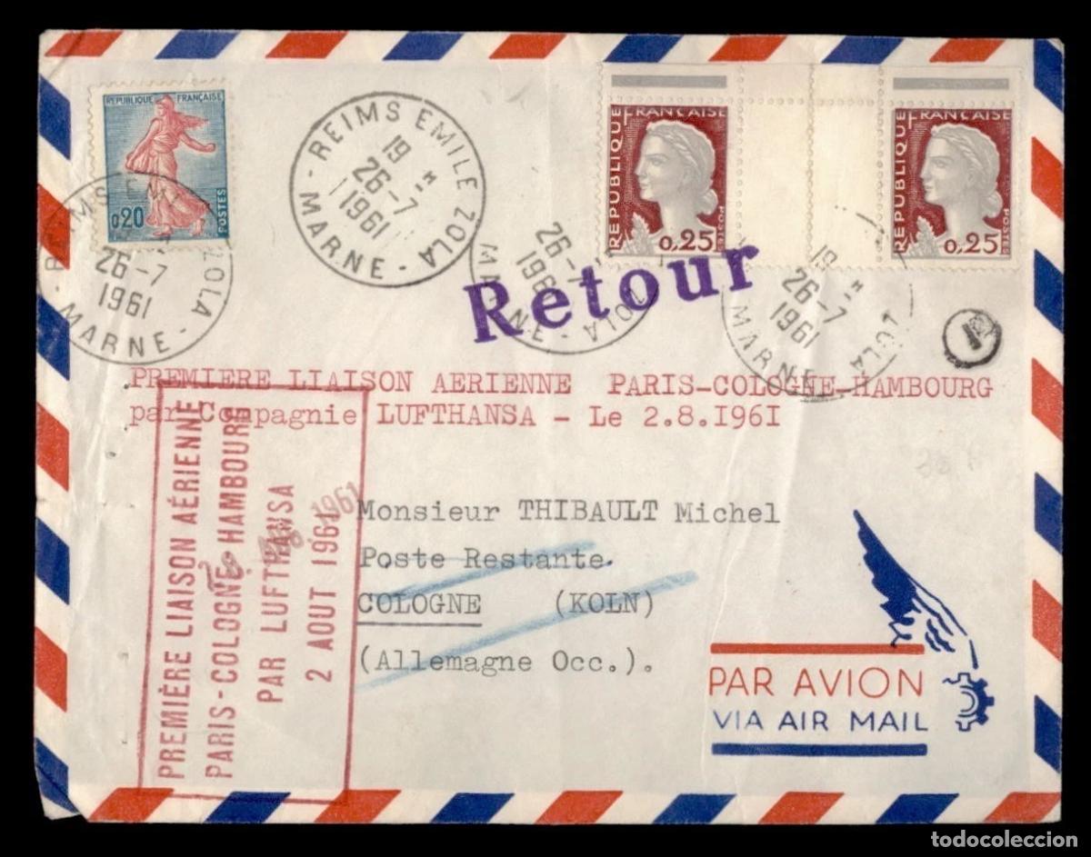 Sellos: FRANCIA REIMS CC PRIMER VUELO LUFTHANSA PARIS COLOGNE HAMBURG 1961