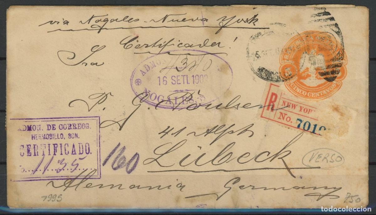 Sellos: MEXICO A ALEMANIA ENTERO POSTAL CERTIFICADO HERMOSILLO 1902 PASO POR NOGALES Y NEW YORK