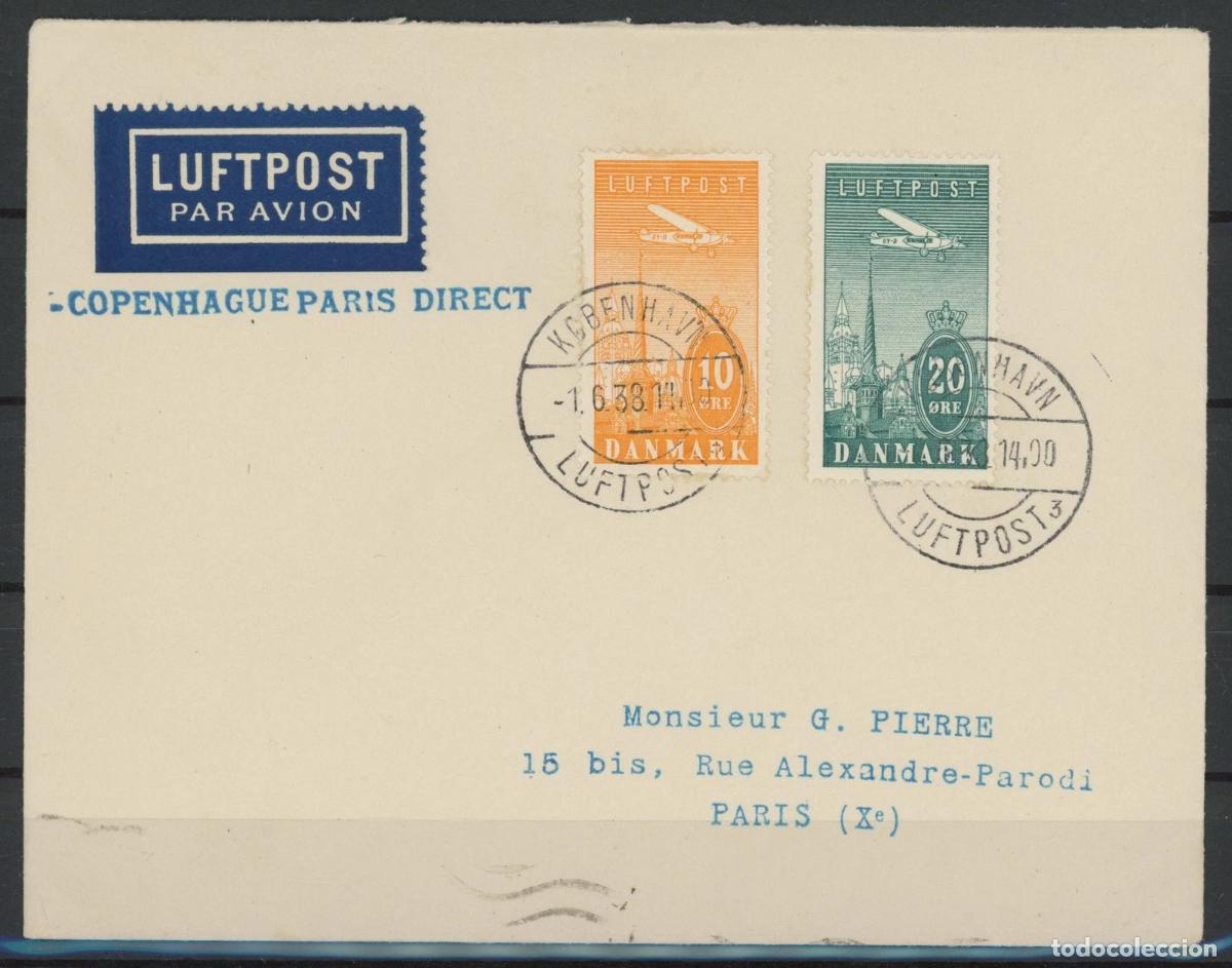 Sellos: DINAMARCA CORREO COPENHAGUE PARIS DIRECT 1938