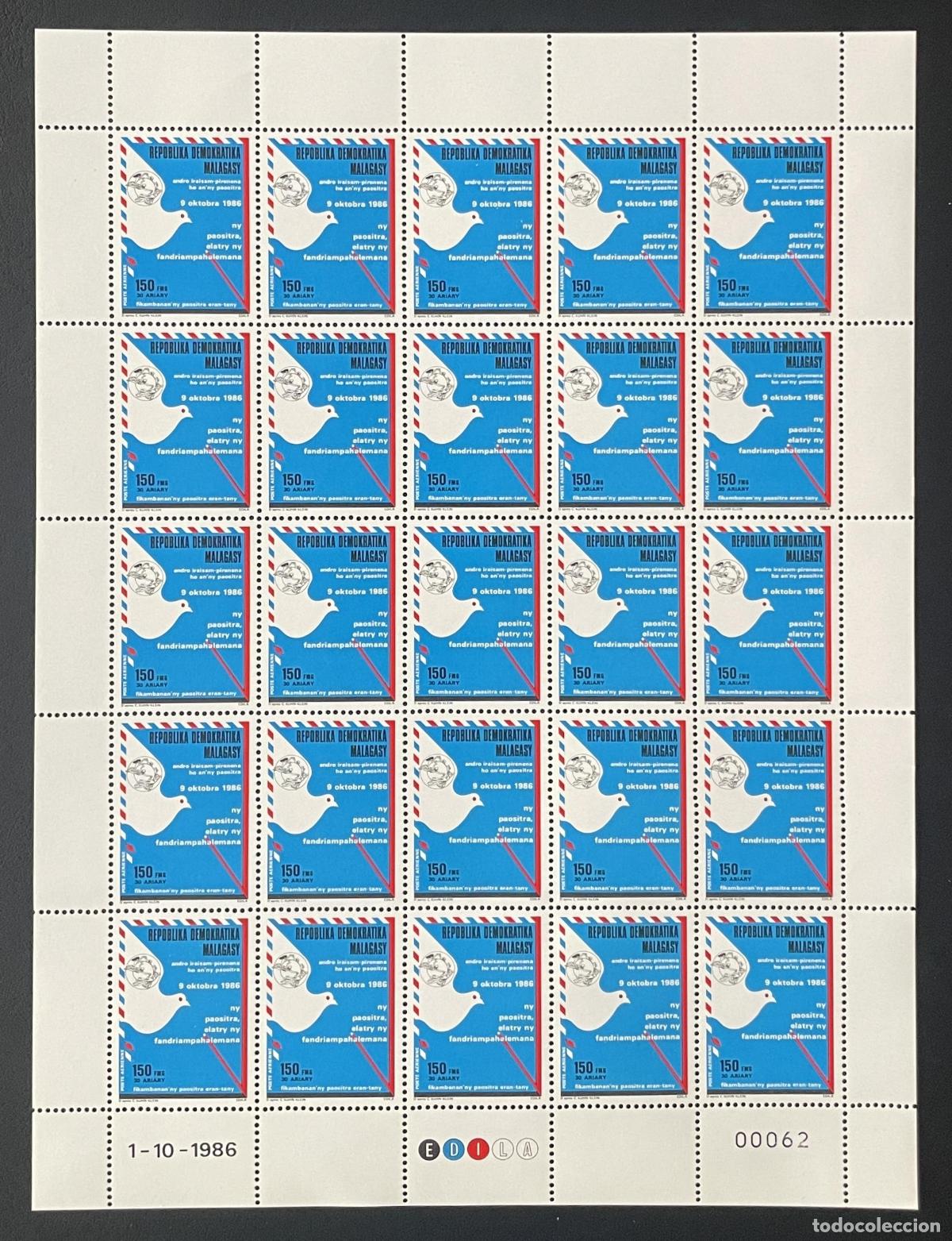 Sellos: Madagascar 1986 YT PA 191 bloque D&iacute;a Mundial del Correo paloma UPU