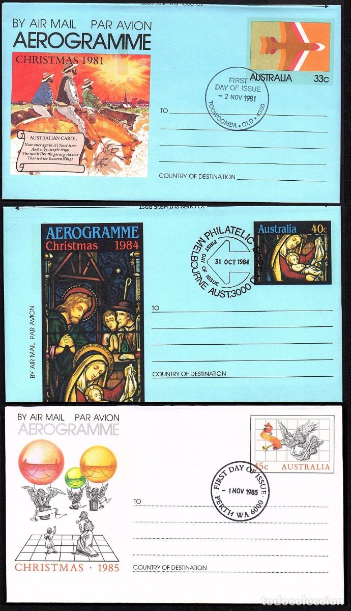 Sellos: 3 AEROGRAMAS DE AUSTRALIA NAVIDAD 1981-1984 Y 1985 CON MATASELLOS PRIMER DIA.