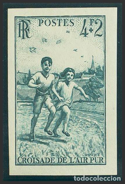 Francobolli: Francia. &#9733;Yvert 740a. 1945. 4 fr + 2 fr verde. SIN DENTAR. MAGNIFICO.