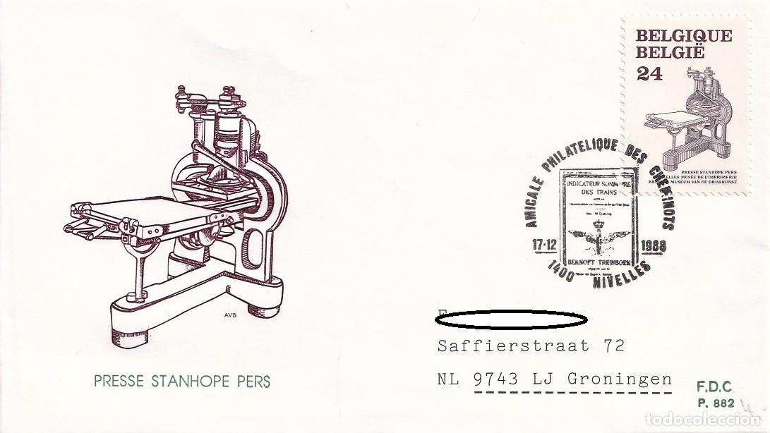 Sellos: FDC B&eacute;lgica 1988 - Presse Stanhope Pers - Imprenta tipogr&aacute;fica de acero - Amigos del Ferrocarril