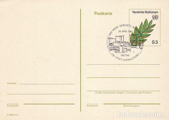 Sellos: Naciones Unidas, oficina de Viena, entero postal, matasello de primer dia de 28-4-1982