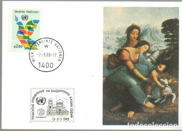 Sellos: Naciones Unidas, Viena, Exposicion Por la Paz, matasello 2-6-1989, tarjeta cuadro Leonardo da Vinci