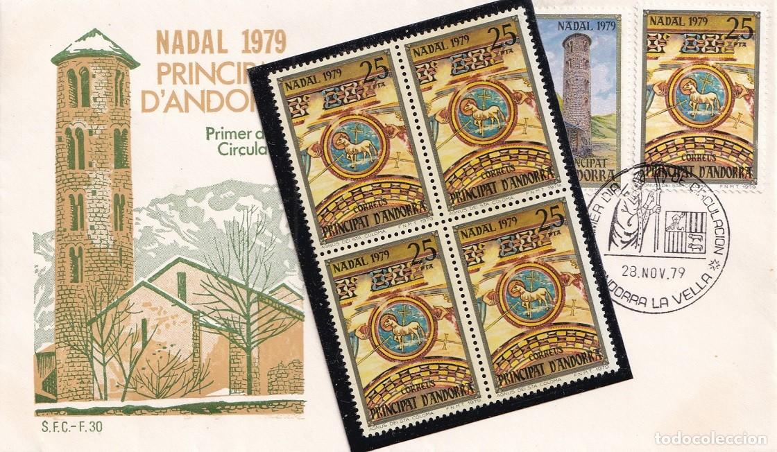 Sellos: SPD Andorra 1979 - Nadal Navidad - Iglesia Santa Coloma Vista general Agnus Dei S. completa + Sellos