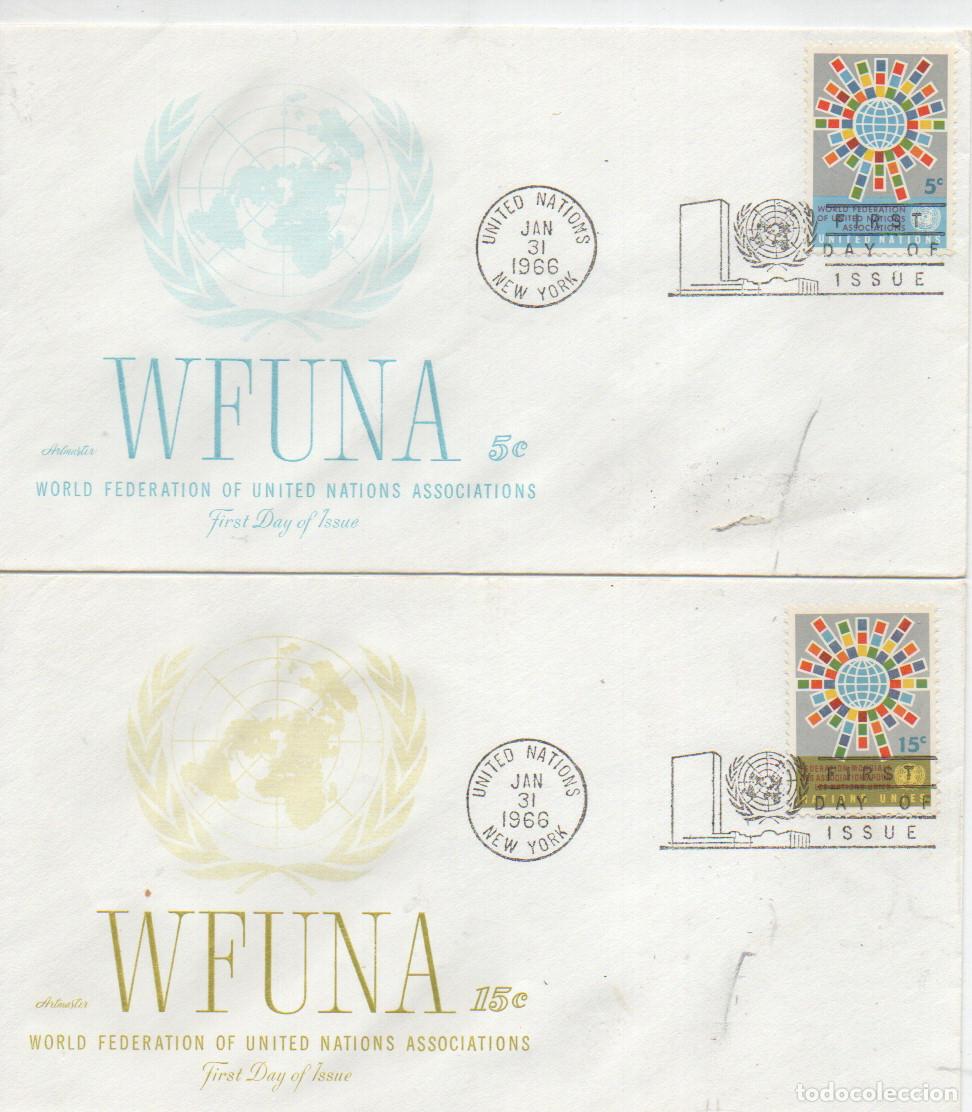 Sellos: Naciones Unidas Nueva York IVERT N&ordm; 154/5, ONU, FEDERACION UNDIAL DE PAISES, primer dia 31-1-1966