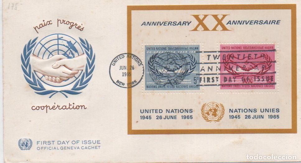 Sellos: Naciones Unidas Nueva York hoja bloque n&ordm; 3, XX Aniversario de Naciones Unidas, primer dia 26-6-1965