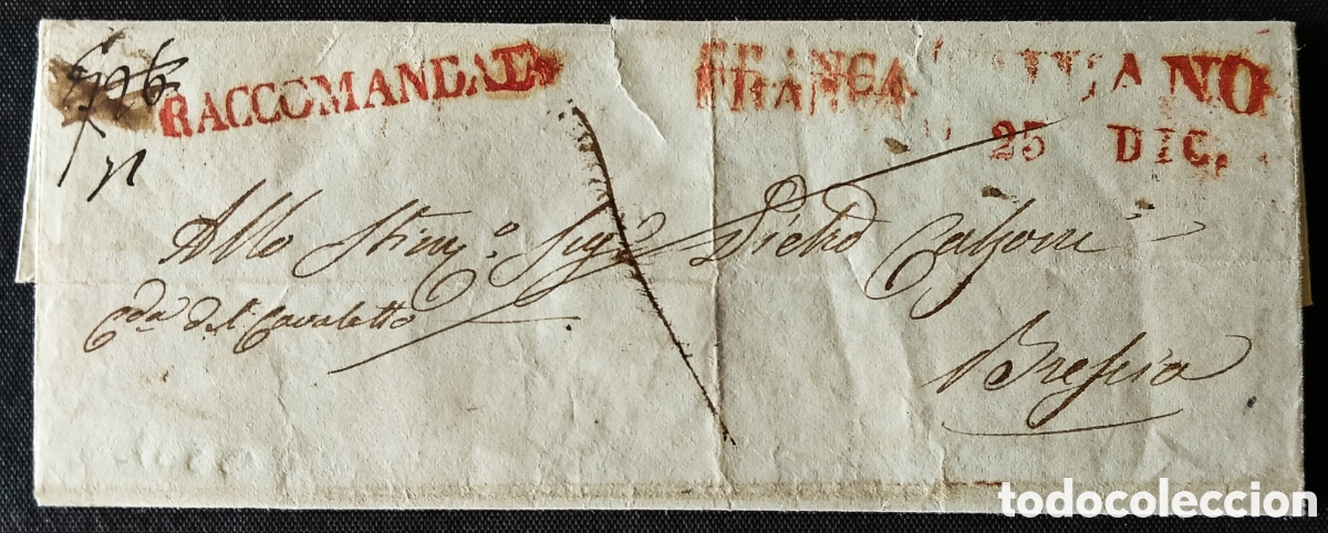 Sellos: ITALIA.1847. MIL&Aacute;N a BRESCIA. CERTIFICADA (RACOMANDATA) en NAVIDAD. PIEZA DE GRAN VALOR HIST&Oacute;RICO