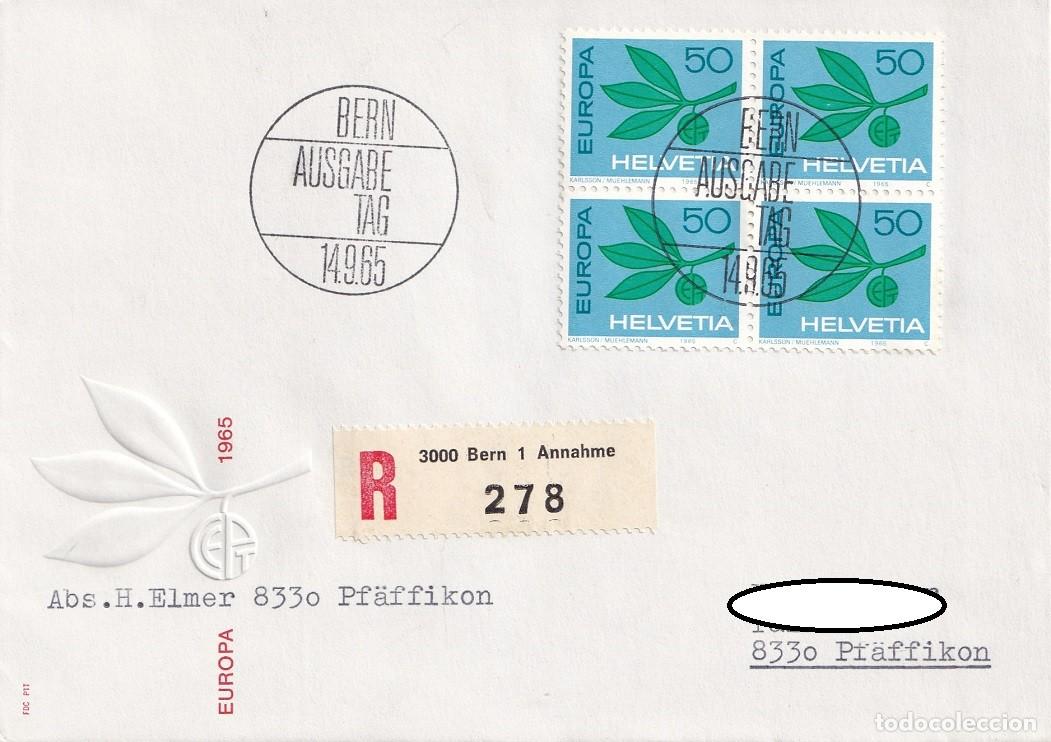 Sellos: FDC Suiza 1965 Helvetia R - Emisi&oacute;n Europa con bloque de cuatro - Primer d&iacute;a