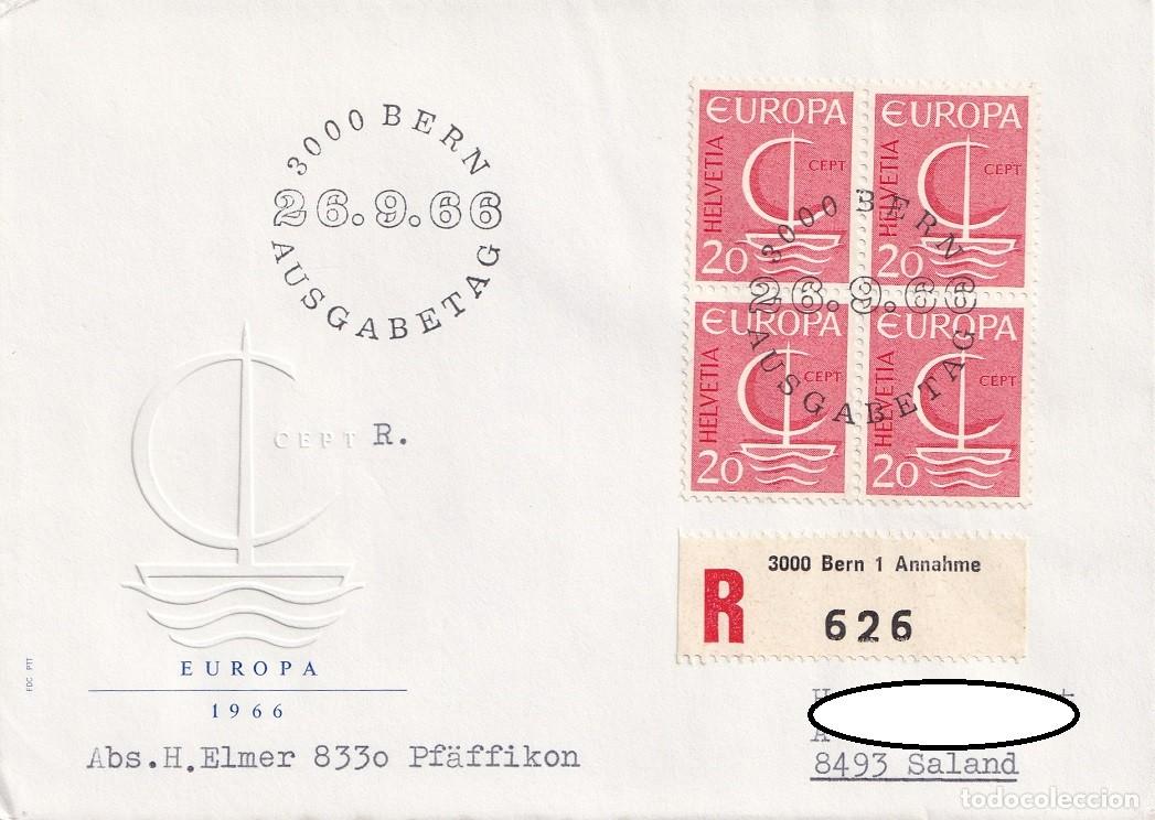 Sellos: FDC Suiza 1966 Helvetia R - Emisi&oacute;n Europa con bloque de cuatro - Primer d&iacute;a