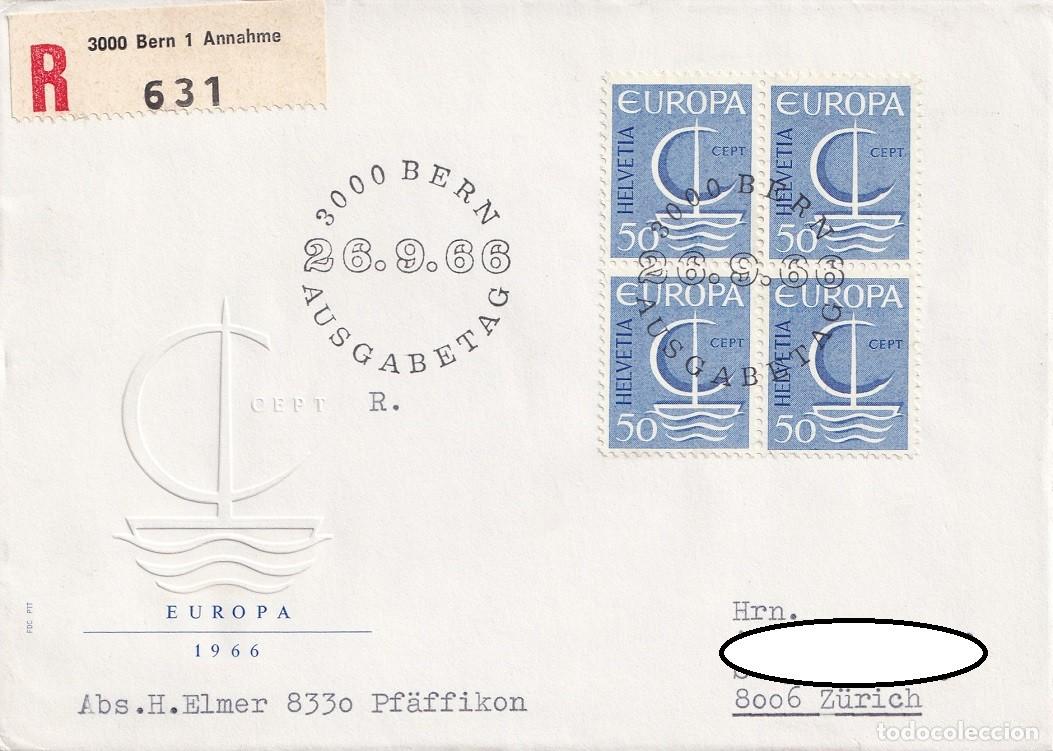 Sellos: FDC Suiza 1966 Helvetia R - Emisi&oacute;n Europa con bloque de cuatro - Primer d&iacute;a