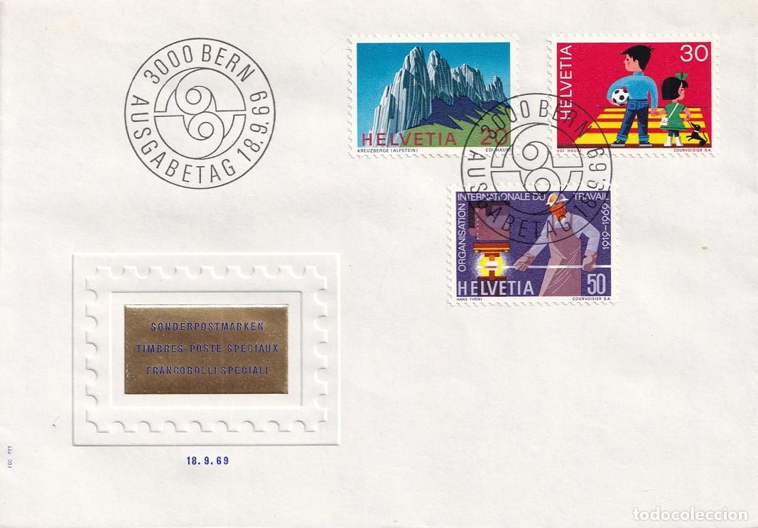 Sellos: FDC Suiza 1969 Helvetia - Alpes suizos - Seguridad vial - 50 Aniversario de la OIT - Primer d&iacute;a