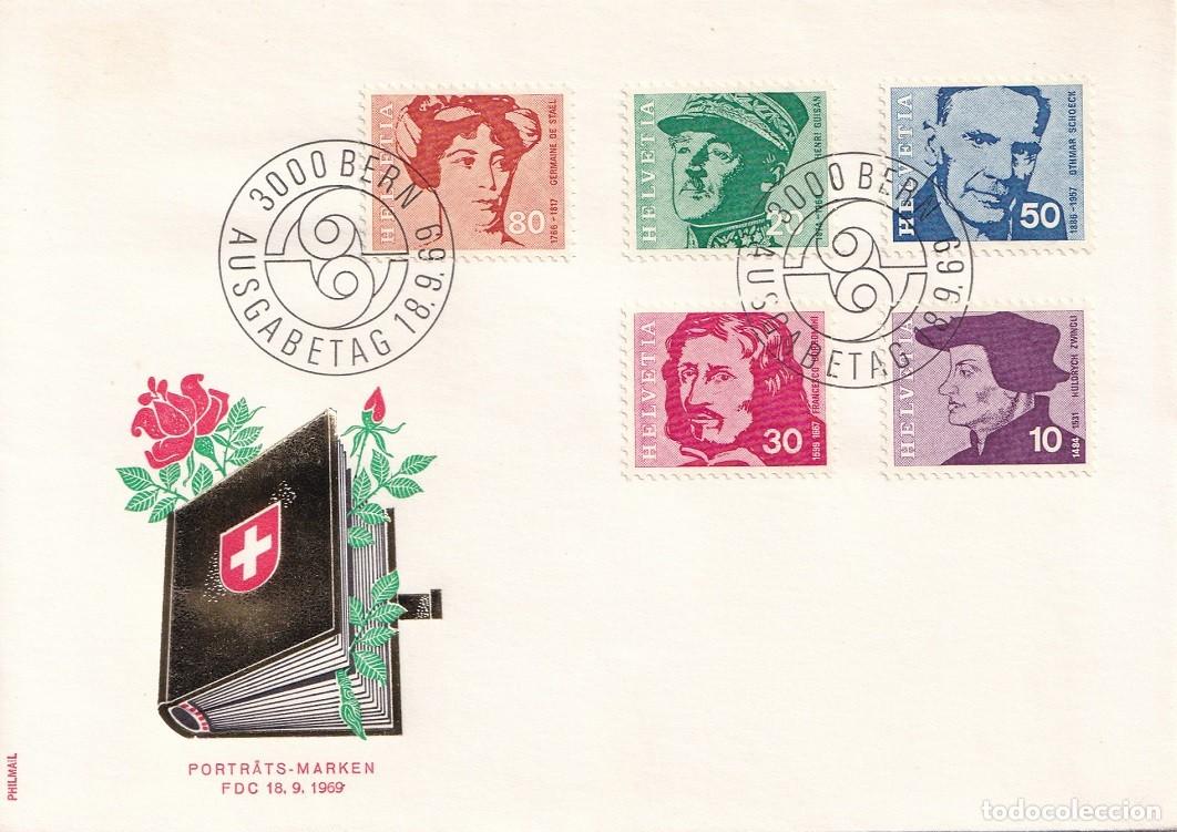 Sellos: FDC Suiza 1969 Helvetia - Personajes Germaine de Stael Henri Guisan Othmar Schoeck Francesco Borromi