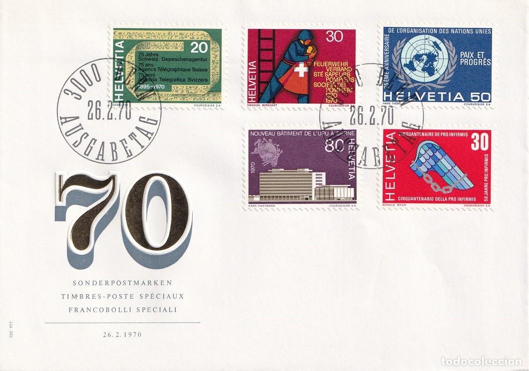 Sellos: FDC Suiza 1970 Helvetia - Serie completa Aniversarios - 75 Aniv Agencia Telegr&aacute;fica Suiza - Bomberos
