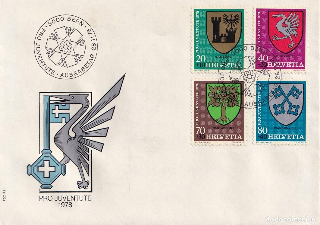Briefmarken: FDC Suiza 1978 Helvetia - Escudos de localidades - Aarburg - Gruy&egrave;res - Castasegna - Wangen - S. com