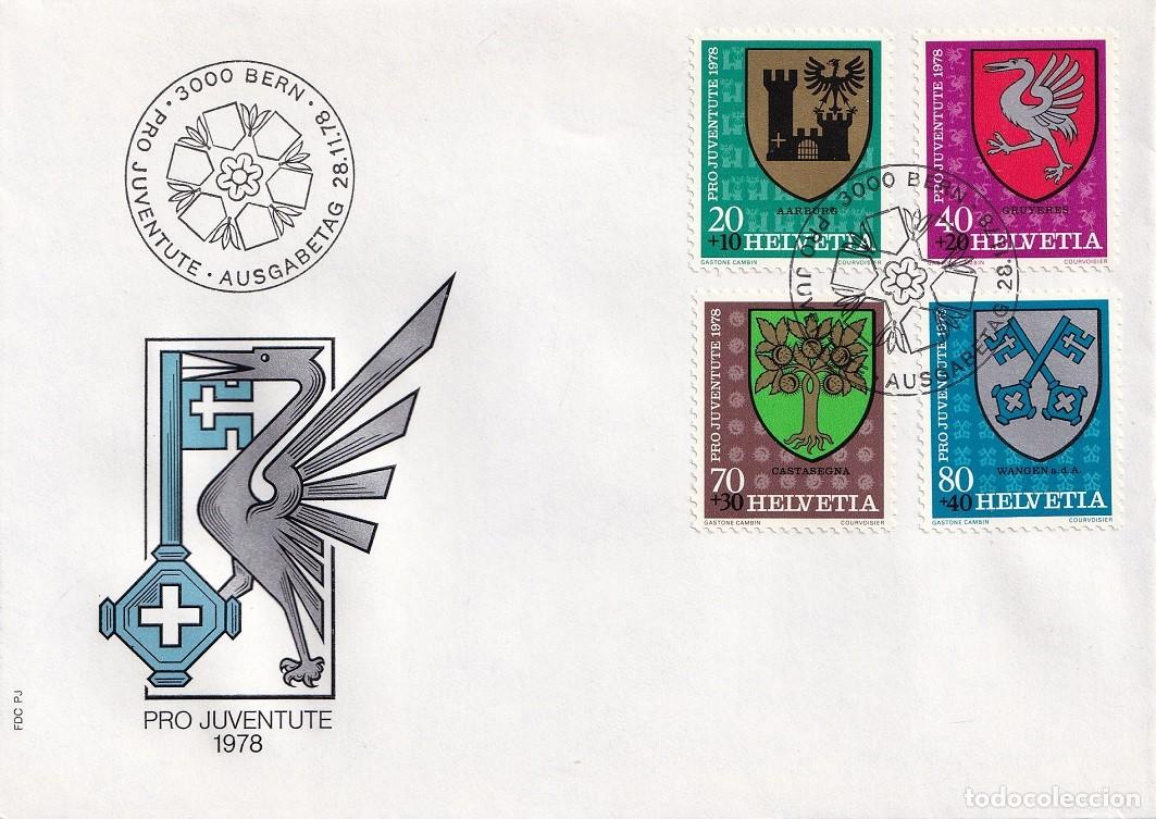 Briefmarken: FDC Suiza 1978 Helvetia - Escudos de localidades - Aarburg - Gruy&egrave;res - Castasegna - Wangen - S. com