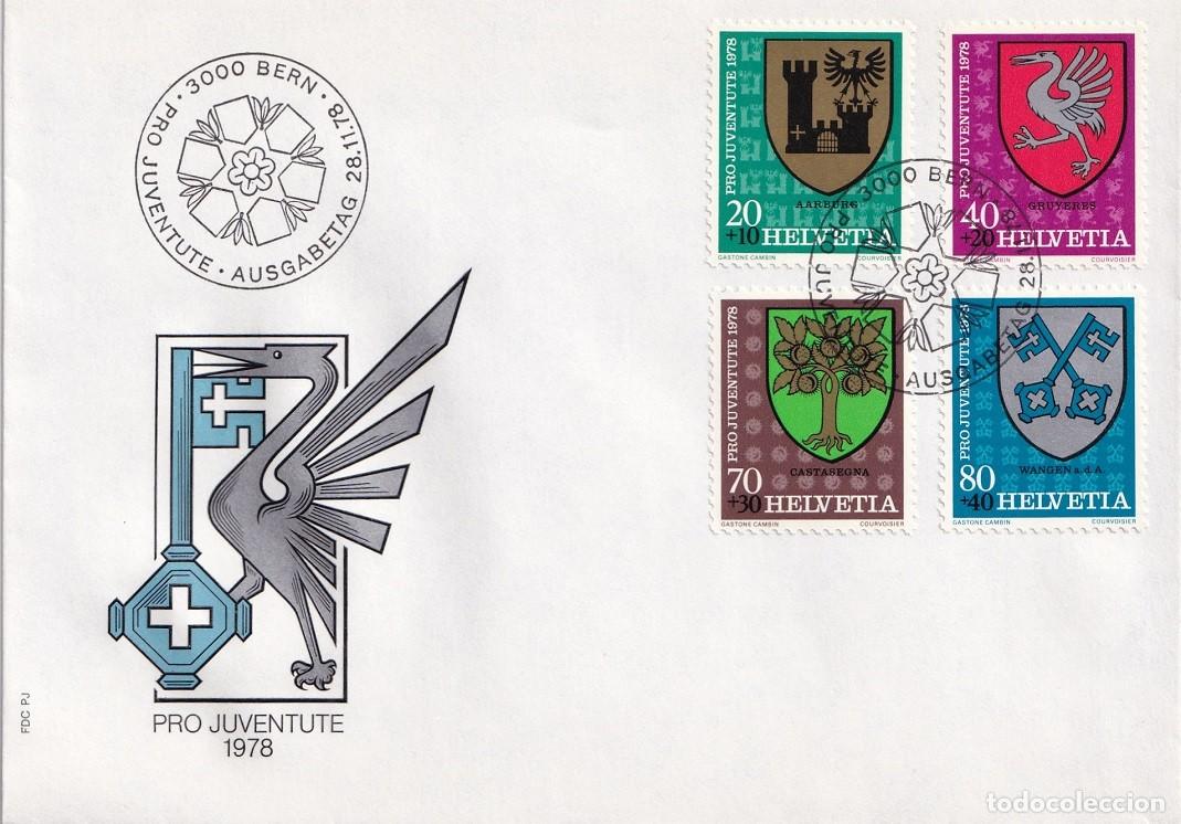 Briefmarken: FDC Suiza 1978 Helvetia - Escudos de localidades - Aarburg - Gruy&egrave;res - Castasegna - Wangen - S. com