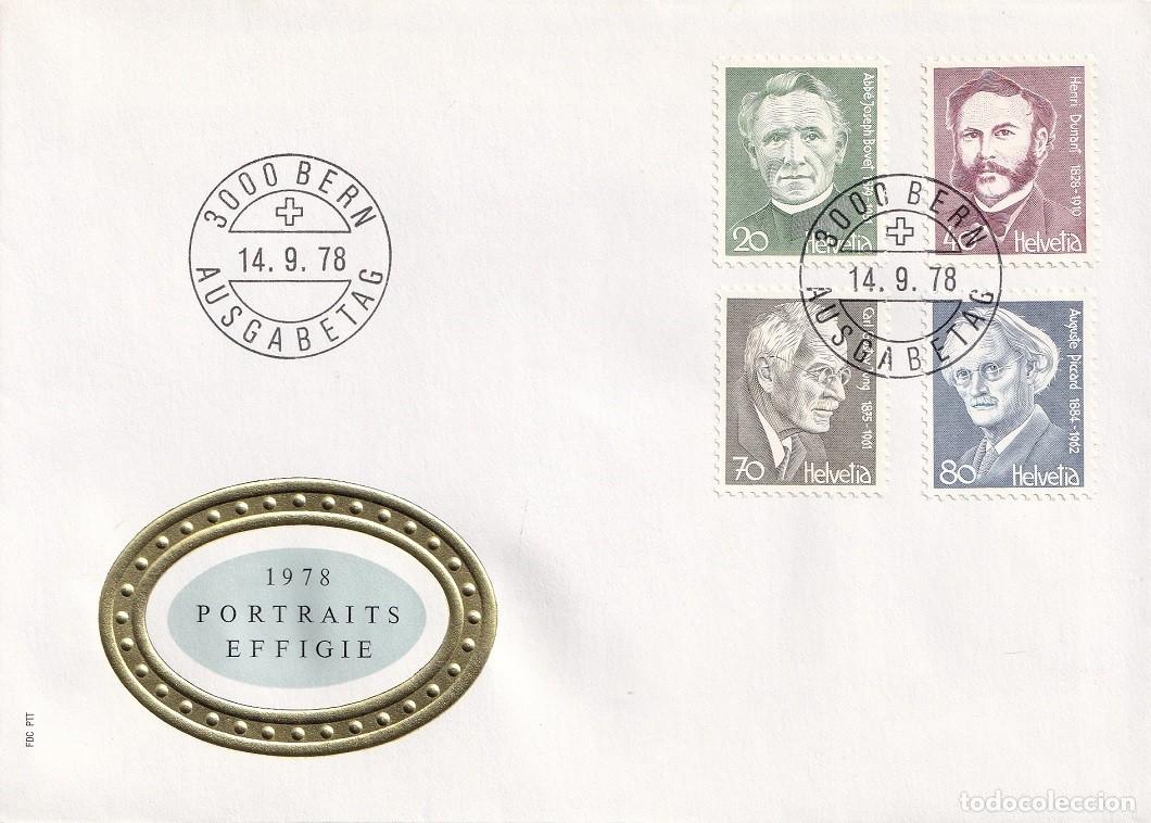 Sellos: FDC Suiza 1978 Helvetia - Personajes Joseph Bovet &middot; Henry Dunant &middot; Carl Gustav Jung &middot; August Piccard