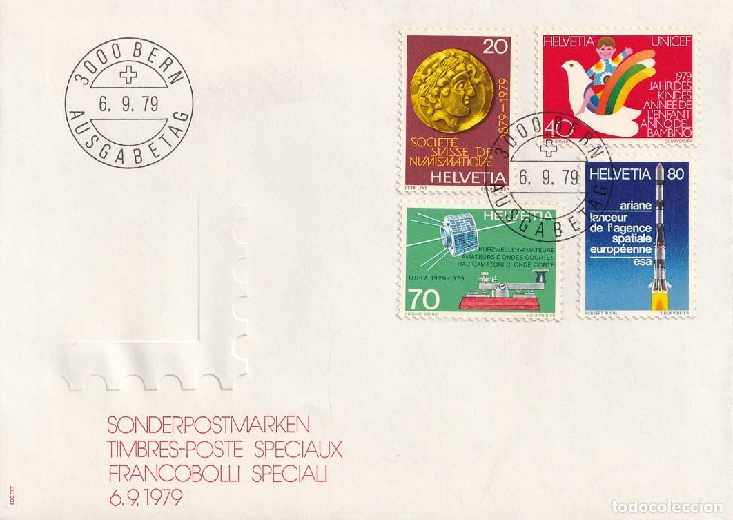 Sellos: FDC Suiza 1979 Helvetia - Centenario Sociedad Numism&aacute;tica - A&ntilde;o Internacional del ni&ntilde;o - Radioaficio